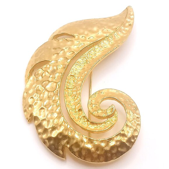 Vintage Brooch Hammered Curled Leaf Feather Design Gold Plated Metal Pin 3" - Picture 2 of 10